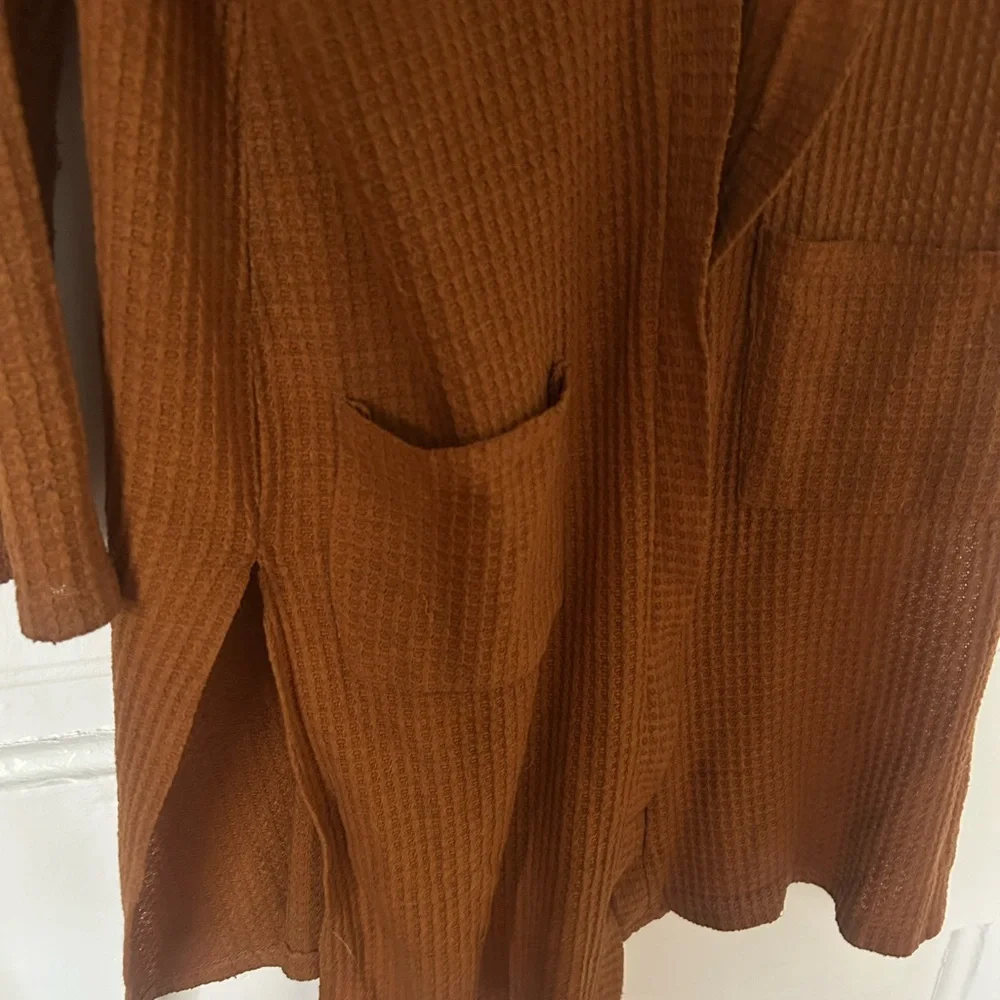 Long Open-Front Rust Brown Waffle Knit Cardigan Sweater - Picture 3 of 6